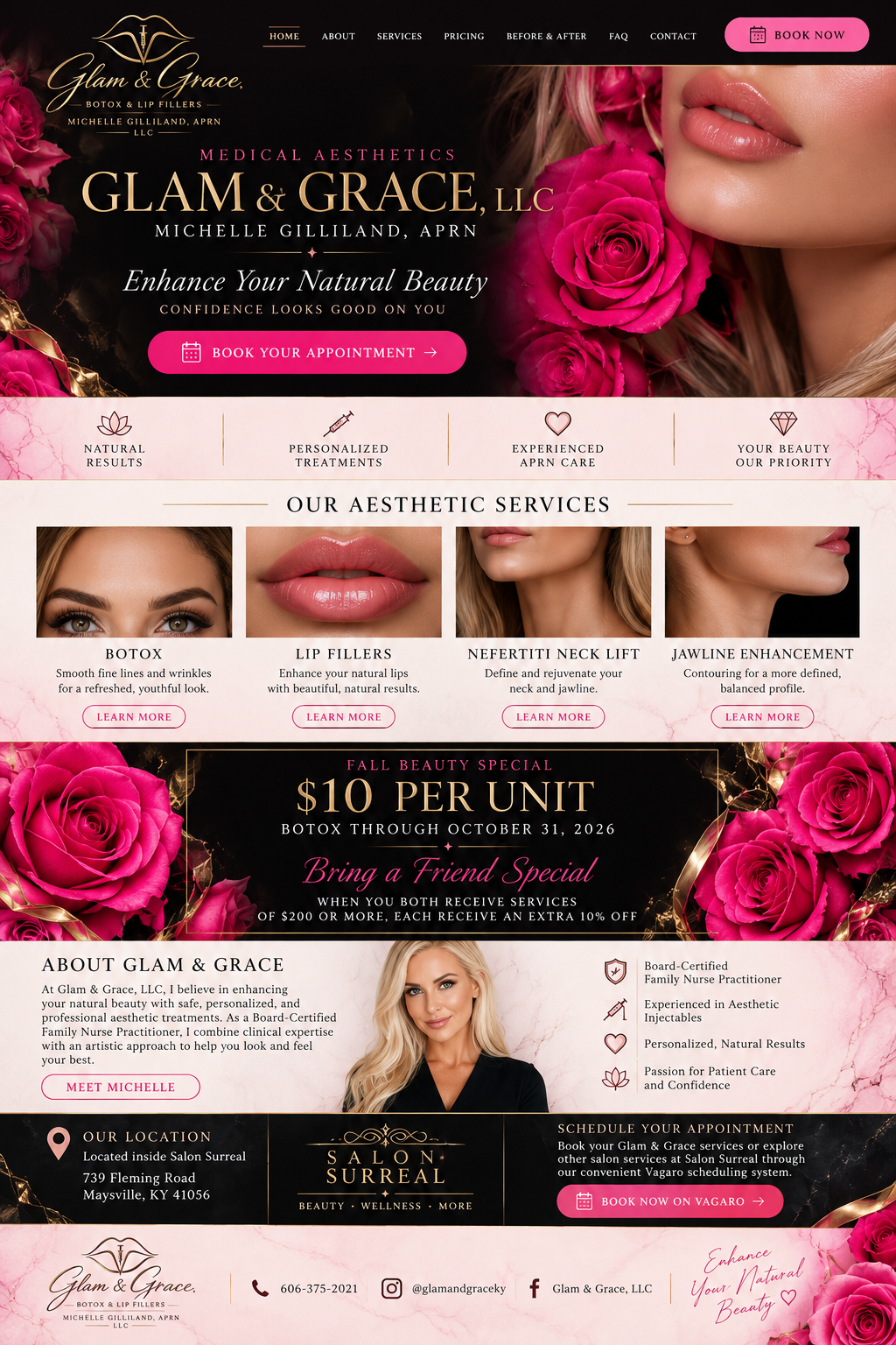 Glam and Grace medical aesthetics website with vivid hot pink roses, black and gold styling, Botox, lip fillers, neck lift, jawline enhancement, fall special, and Salon Surreal booking information